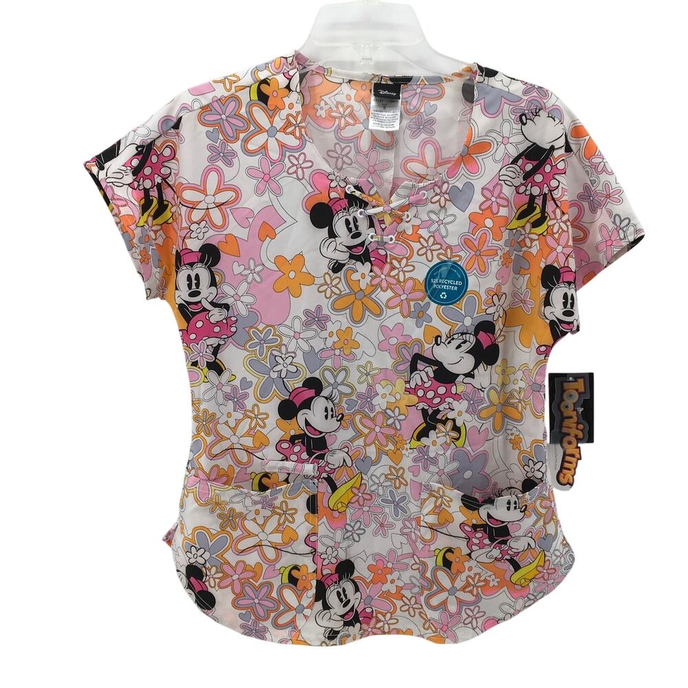 Cherokee Tooniforms Disney NWT Minnie Flowers Scrub Top V neck Small Nursing